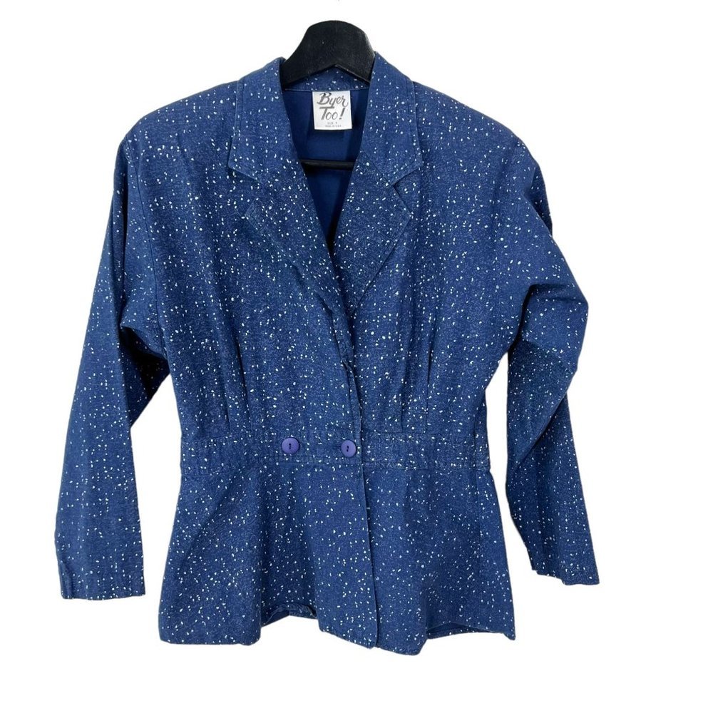 Vintage 90s Blue White Speckled Button Up Blazer Top Small - Picture 1 of 7
